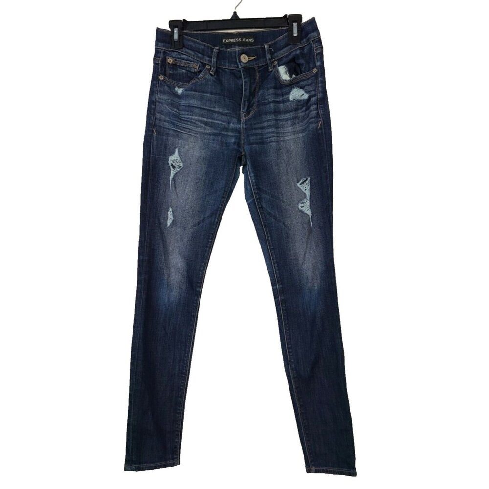 Express Womens Denim Legging Jeans Size 4R Blue  Distressed Skinny Dark Wash‎